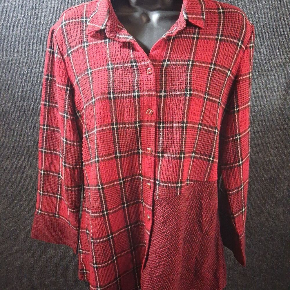 Habitat Red Plaid Button Up Shirt Womens XS Long Sleeve Textured Knit Tunic Top